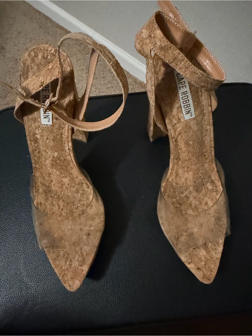 Cape Robbin Cork-Textured Tan Ankle Strap Pointed Heels
